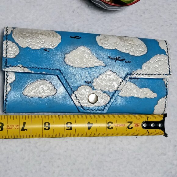 Hand Painted "Clouds&Birds In The Sky" Long Wallet Blue/White/Black - Picture 4 of 12